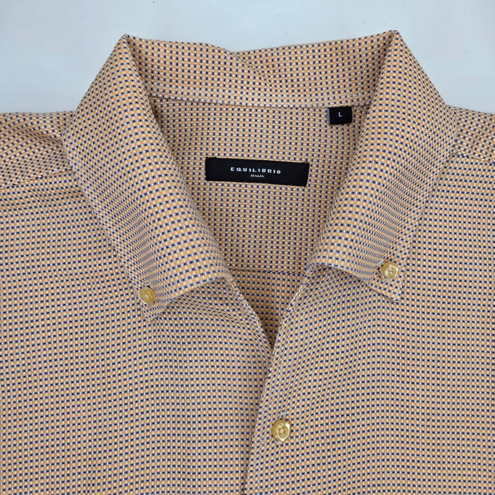Equilibrio Italia Mens Orange Blue Micro Check Cotton Button Down Shirt Large